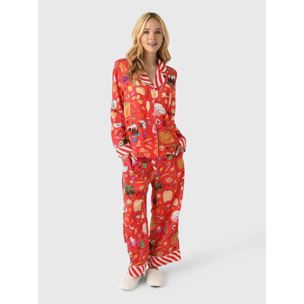 Karen Mabon Pajama Set S Designer Long Sleeve Holiday Cabin Vibrant Orange Red
